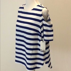 Blue and white striped open shoulder top